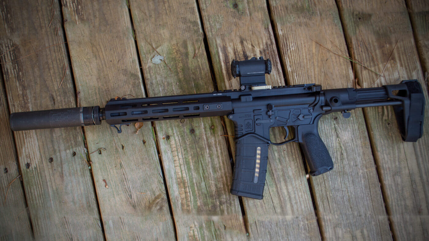 5.56 vs 300 BLK cartridges Photo of a Springfield Armory SAINT pistol used to compare the 5.56 vs 300 BLK cartridges. It is an AR-15 pistol chambered for the 5.56x45mm NATO cartridge that is also able to use the .300 AAC Blackout cartridge with a receiver or barrel swap.